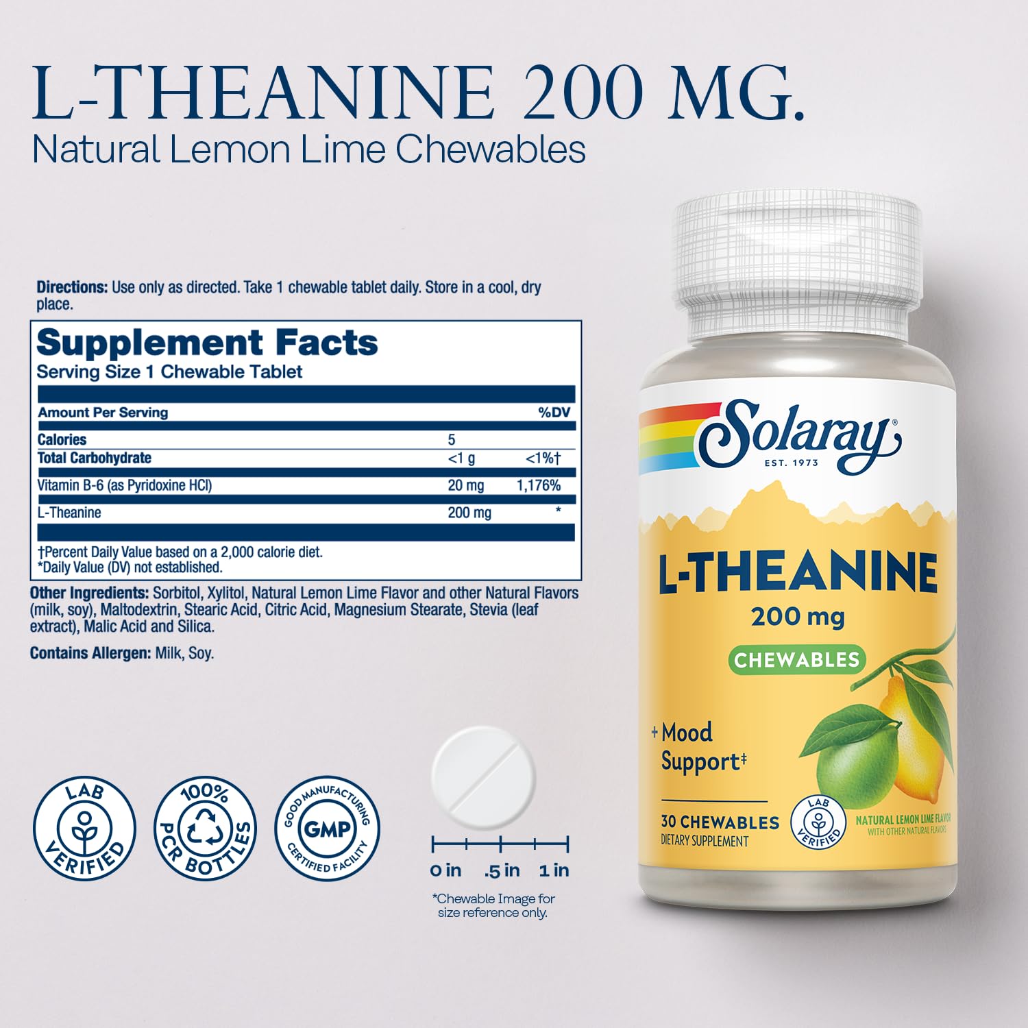 SOLARAY L-Theanine 200 mg gomitas sabor limón lima, apoyo al estado de ánimo.