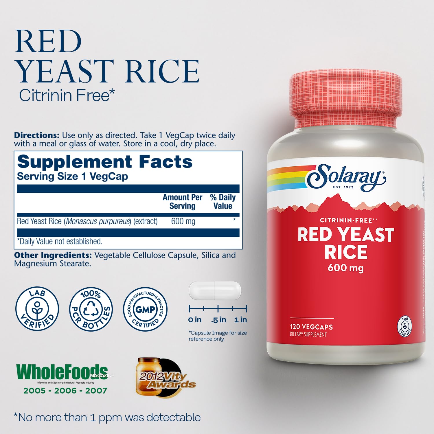 SOLARAY Levadura Roja de Arroz cápsulas, uso diario sencillo y cómodo