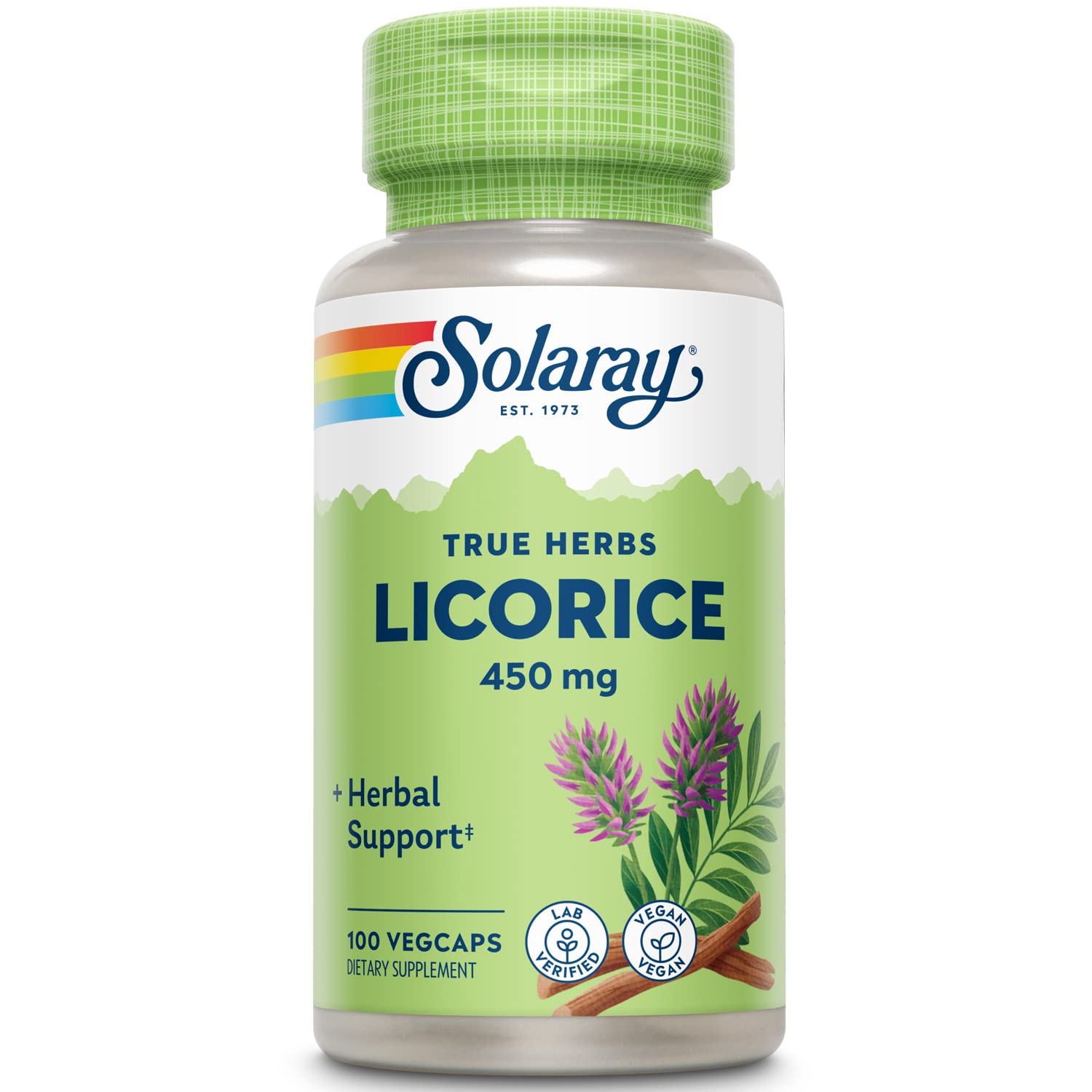 SOLARAY Licorice Root 450 mg, botella de cápsulas para apoyo digestivo diario.