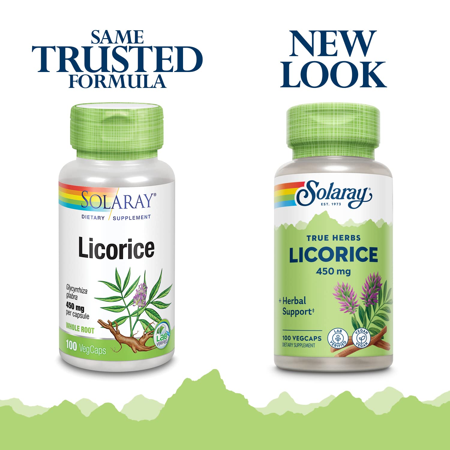 SOLARAY Licorice Root, etiqueta frontal destacando sin OGM y opción vegana.