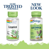SOLARAY Licorice Root, etiqueta frontal destacando sin OGM y opción vegana.