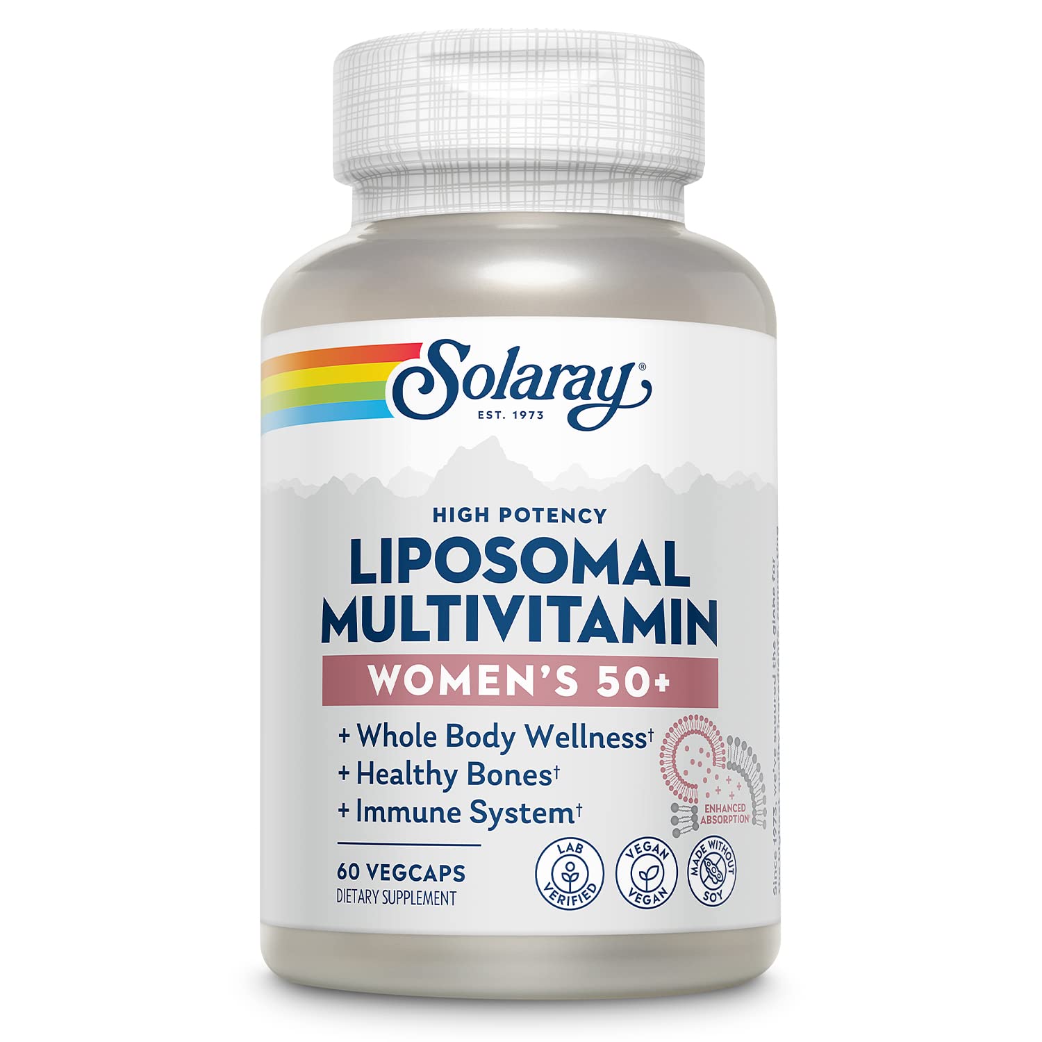 SOLARAY liposomado multivitamínico para mujeres 50+, botella, apoyo al bienestar diario