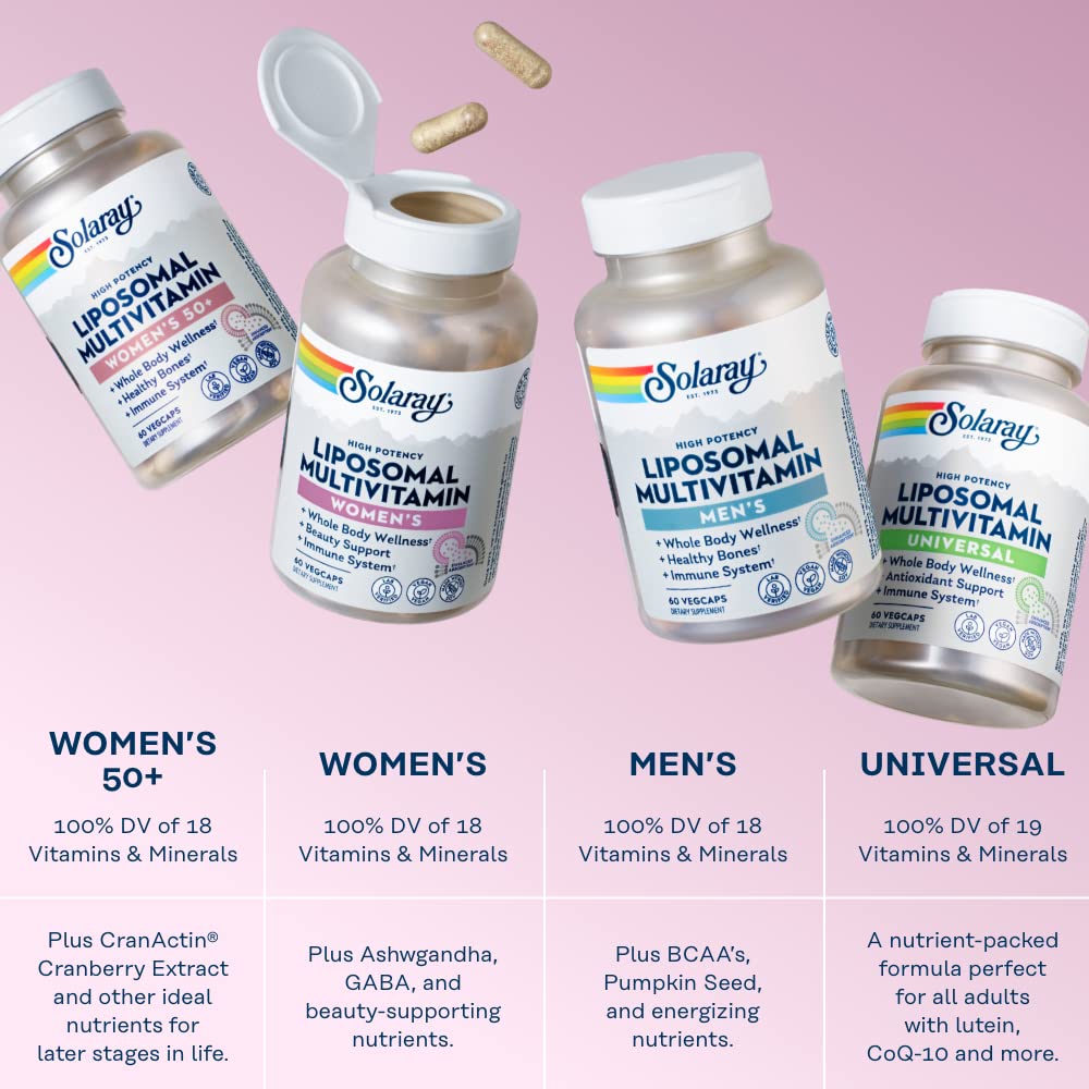 SOLARAY Liposomal Multivitamin para Mujeres, cápsulas veganas destacando Biotina para cabello y piel.