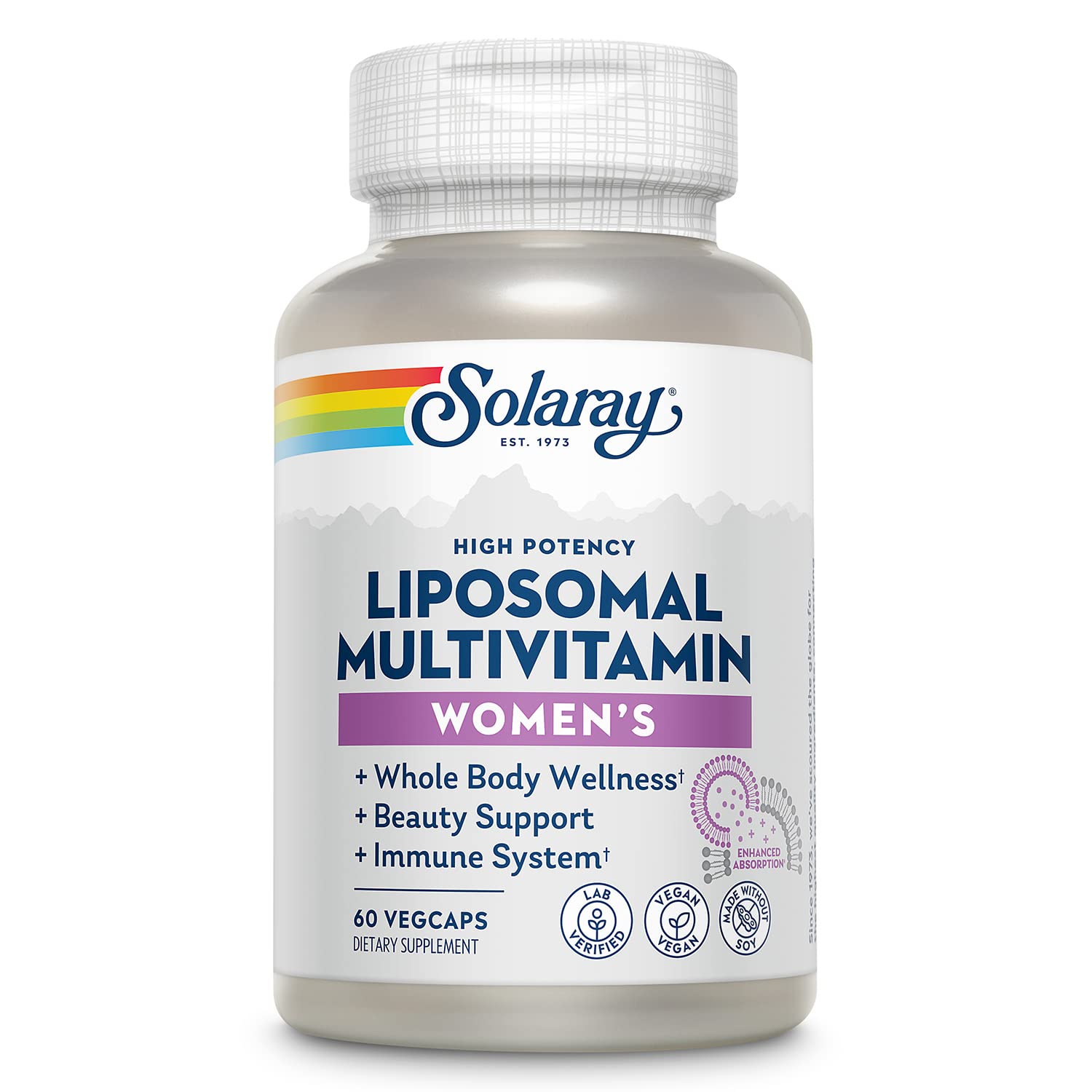 SOLARAY Liposomal Multivitamin para Mujeres, botella visible, promesa de absorción mejorada para el día a día.
