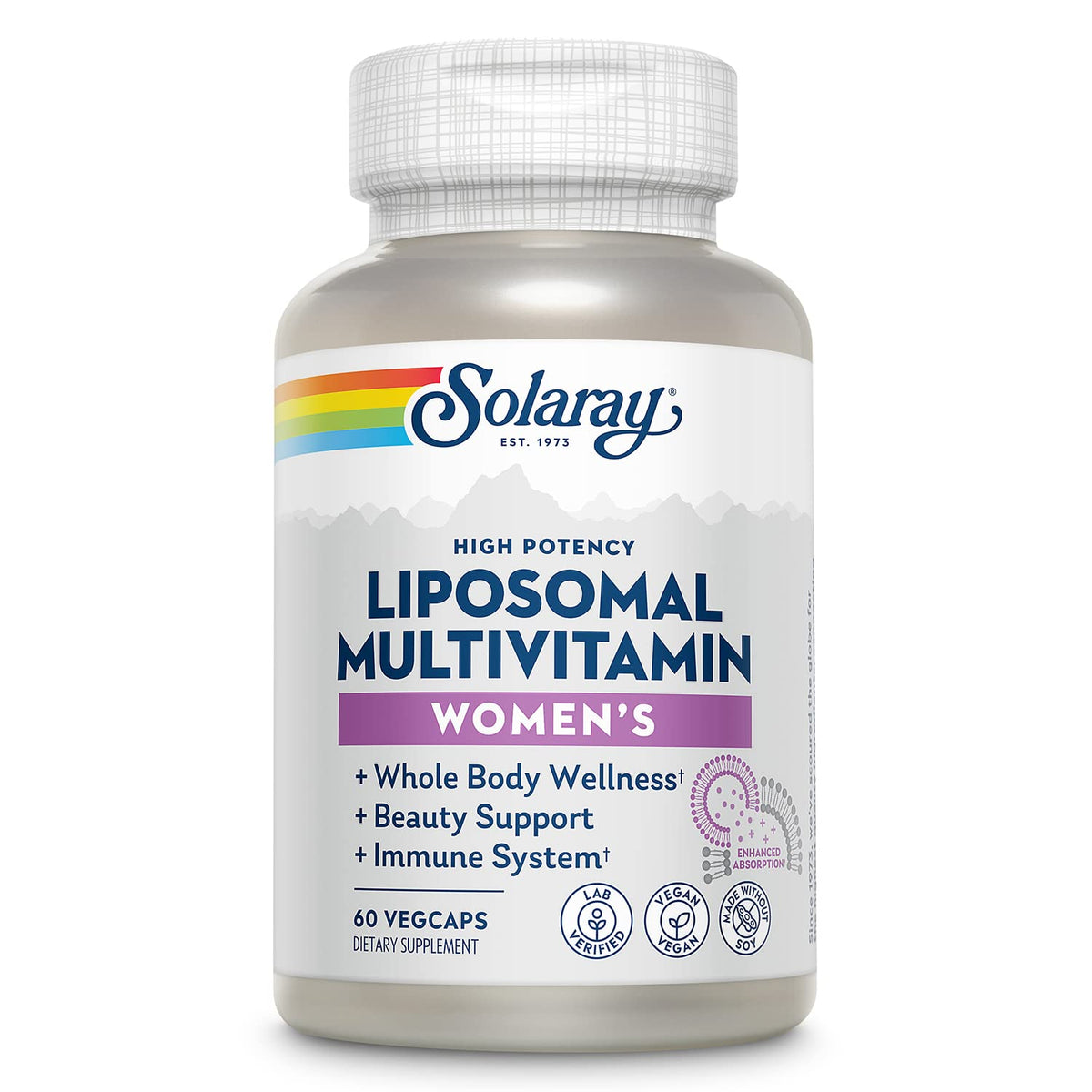 SOLARAY Liposomal Multivitamin para Mujeres, botella visible, promesa de absorción mejorada para el día a día.