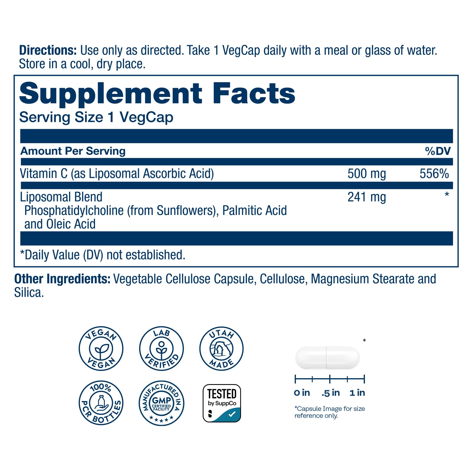 Cápsulas de SOLARAY Liposomal Vitamina C para mejor asimilación y uso diario.