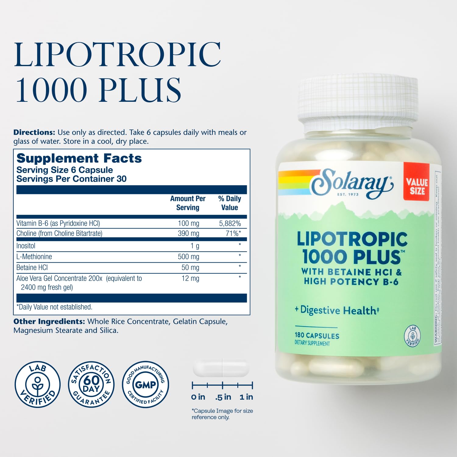 SOLARAY Lipotrópico 1000, etiqueta detalle, resalta ingredientes y beneficios para el día a día.
