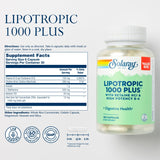 SOLARAY Lipotrópico 1000, etiqueta detalle, resalta ingredientes y beneficios para el día a día.