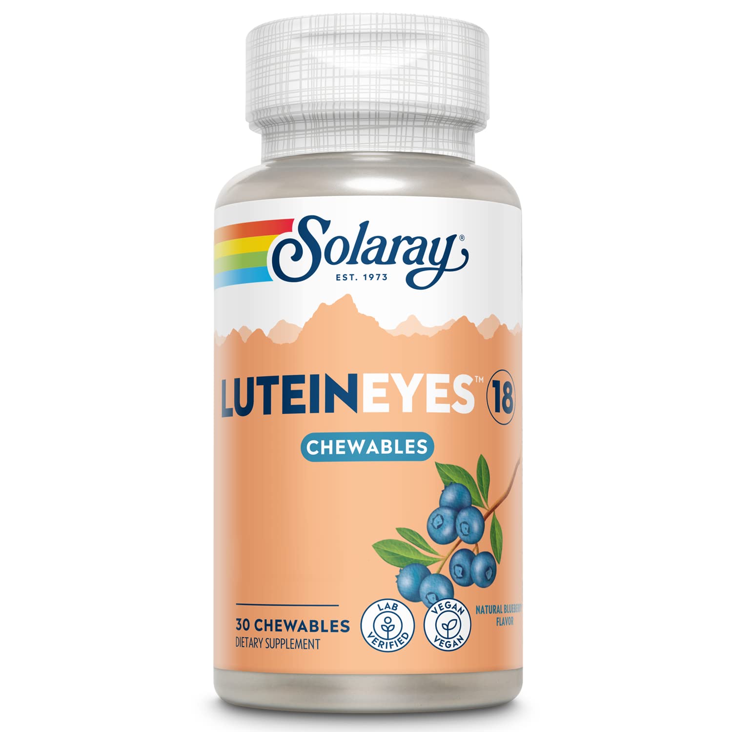 SOLARAY Luteína masticable para ojos, empaque sostenible y práctico.