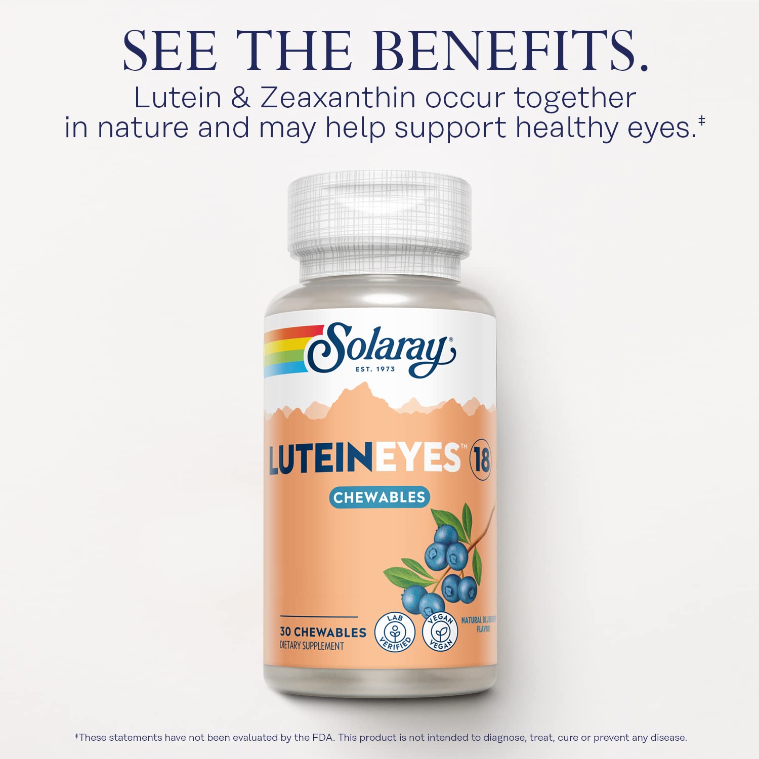 SOLARAY Luteína masticable para ojos, ingredientes clave para apoyar la salud ocular.