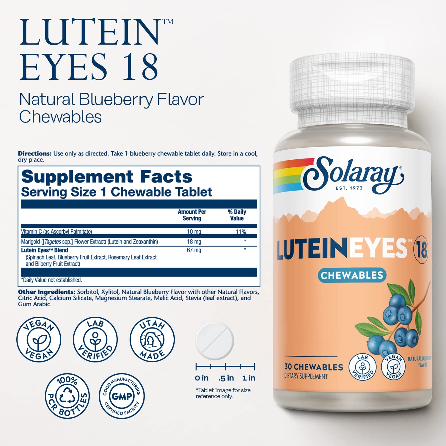 SOLARAY Luteína masticable para ojos, sabor arándano natural para toma diaria.
