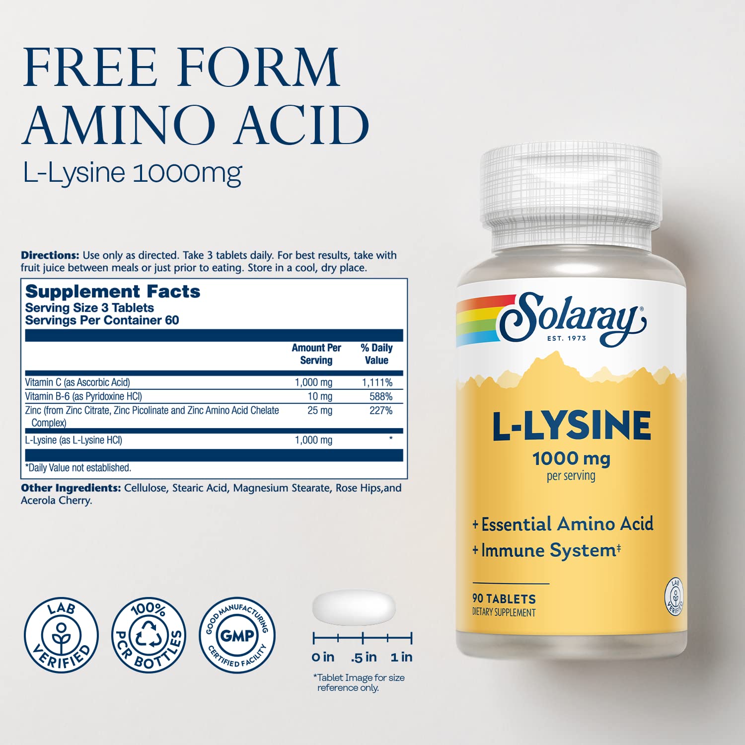 SOLARAY L Lysine, etiqueta que destaca vitamina C y zinc para defensa.