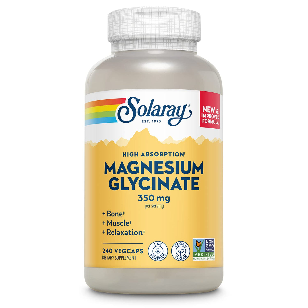 SOLARAY magnesio glicinato, botella con cápsulas para relajación diaria