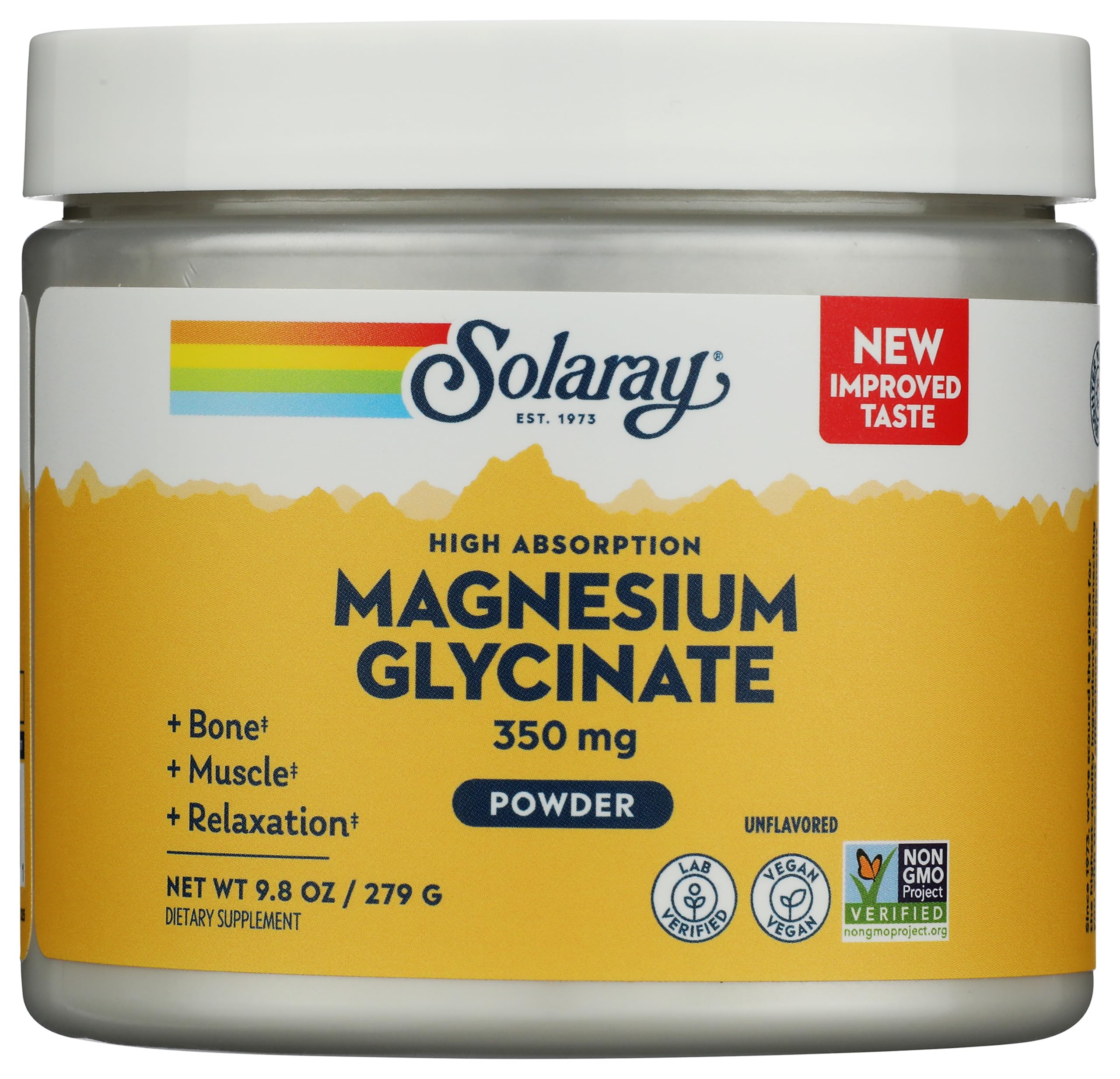 SOLARAY Magnesio glicinato en polvo 350 mg, apoyo para músculos y relajación diaria.