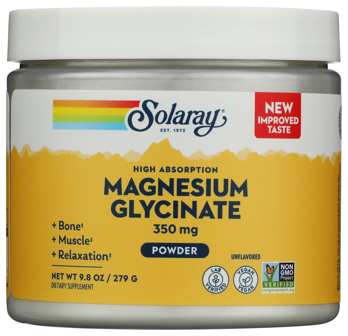 SOLARAY Magnesio glicinato en polvo 350 mg, apoyo para músculos y relajación diaria.