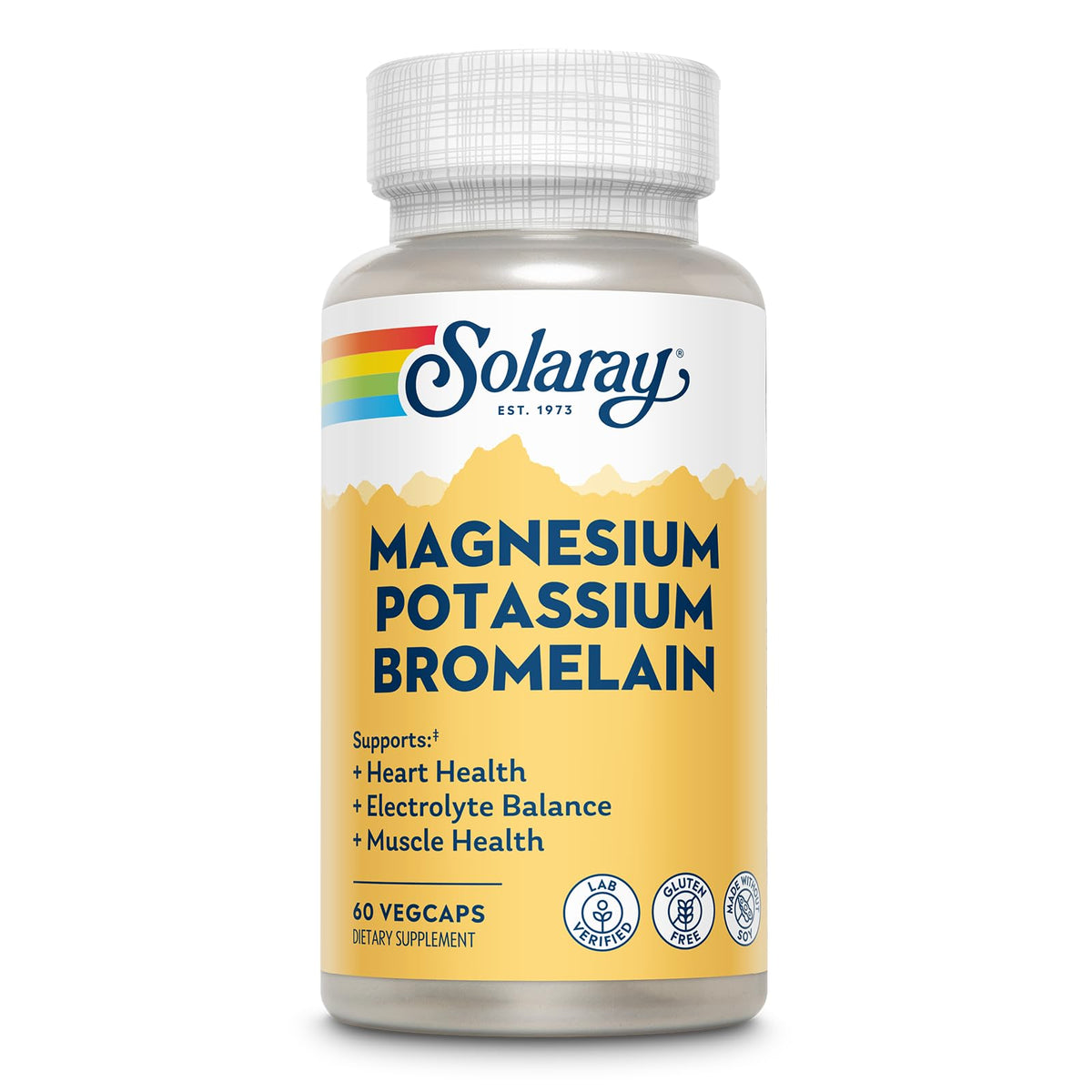 SOLARAY magnesio y potasio con bromelina, botella para apoyo muscular diario.