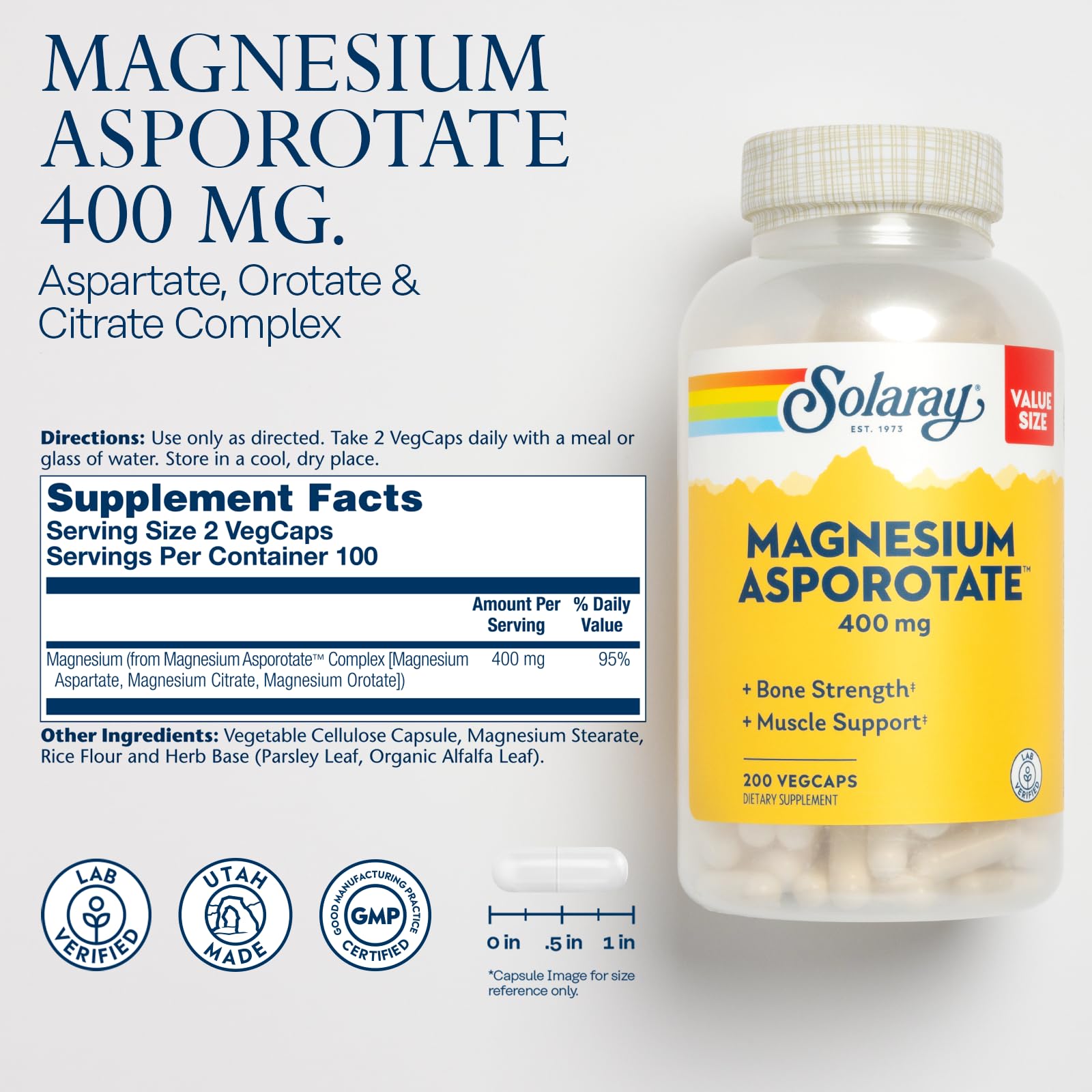 SOLARAY Magnesium Asporotate 400 mg en etiqueta, dosis diaria clara para uso práctico.