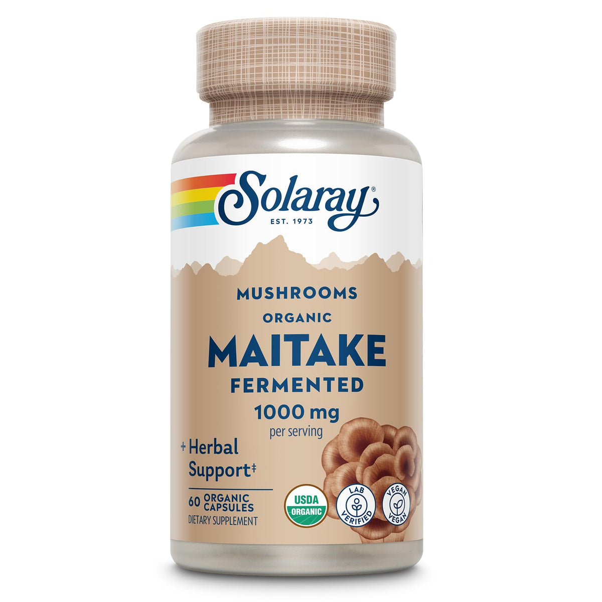 SOLARAY Maitake: botella de 60 cápsulas veganas para apoyo nutricional diario