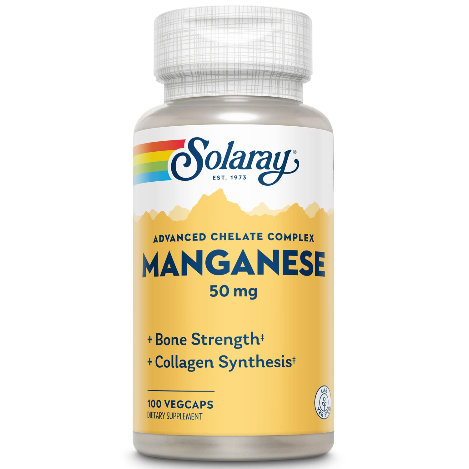 SOLARAY manganeso 50 mg, cápsula frente a la botella, posible apoyo a la salud ósea.