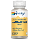 SOLARAY manganeso 50 mg, cápsula frente a la botella, posible apoyo a la salud ósea.