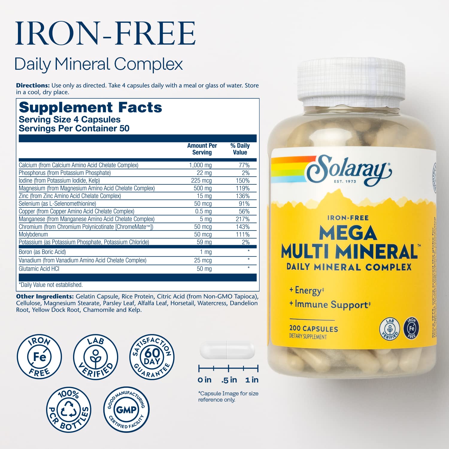 SOLARAY Mega Multi Mineral etiqueta: información de minerales clave para tu bienestar