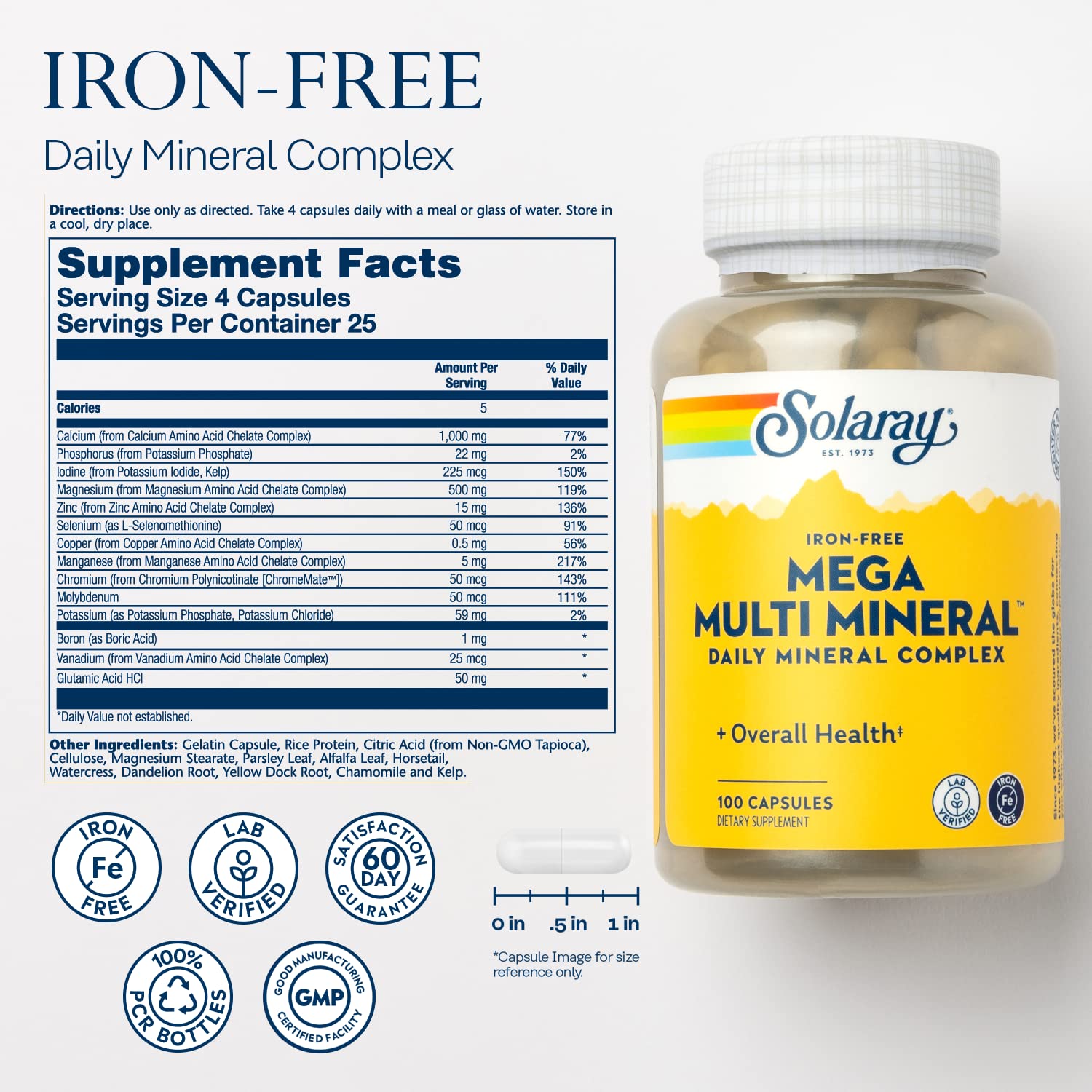 SOLARAY Mega Multi Mineral: etiqueta frontal mostrando ingredientes clave.