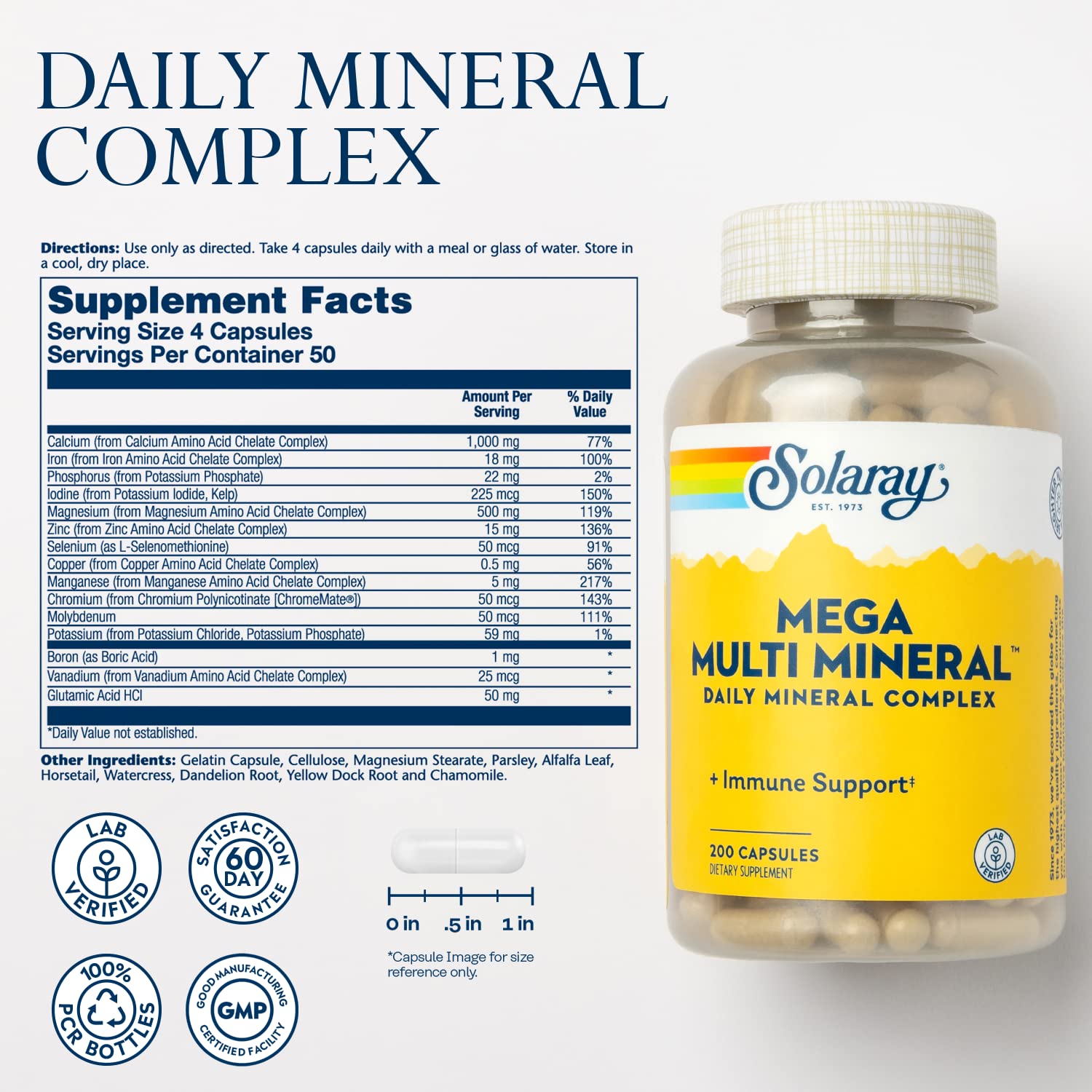 SOLARAY Mega Multi Mineral etiqueta frontal con formulación avanzada y pureza garantizada.