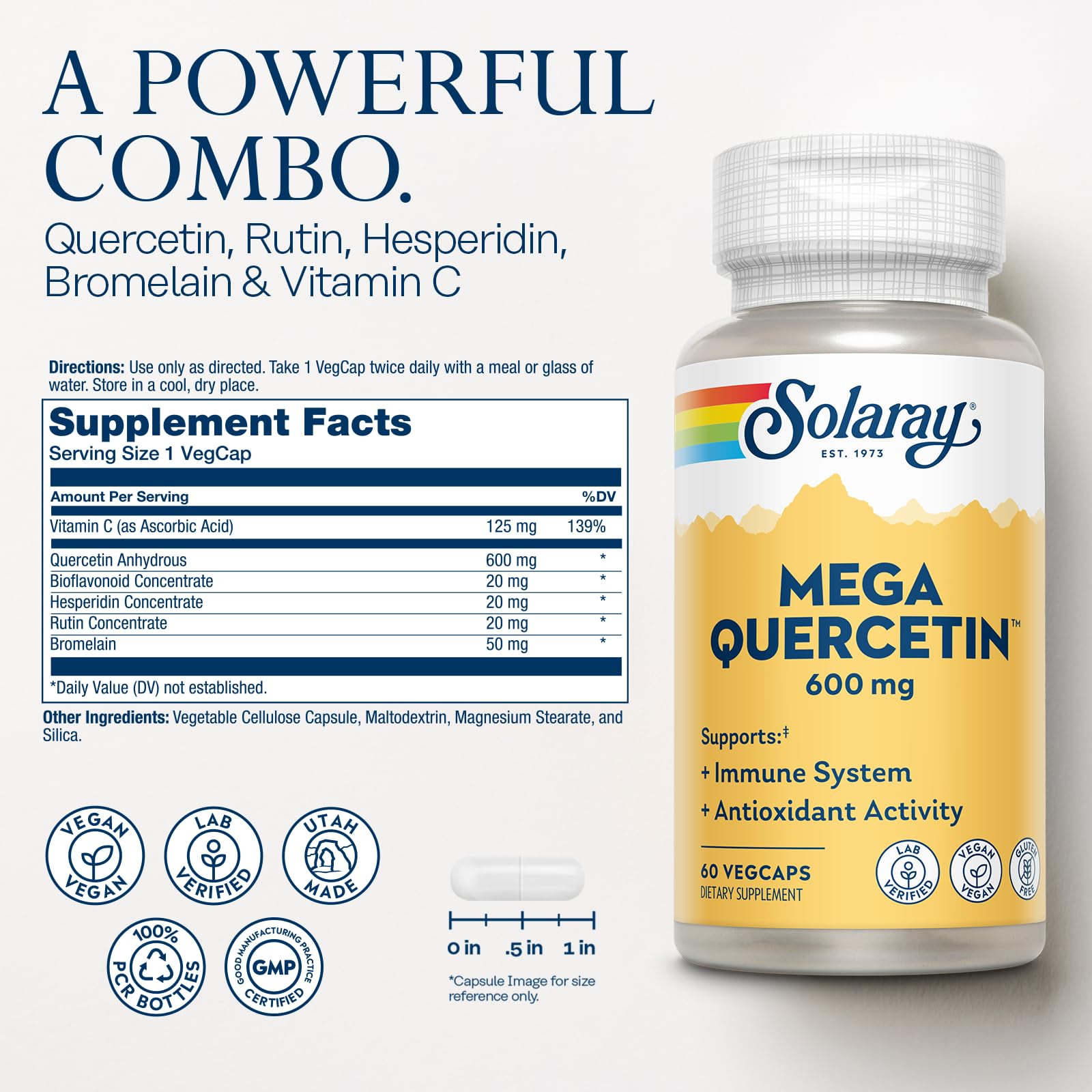 SOLARAY Mega Quercetina etiqueta mostrando quercetina y bioflavonoides.