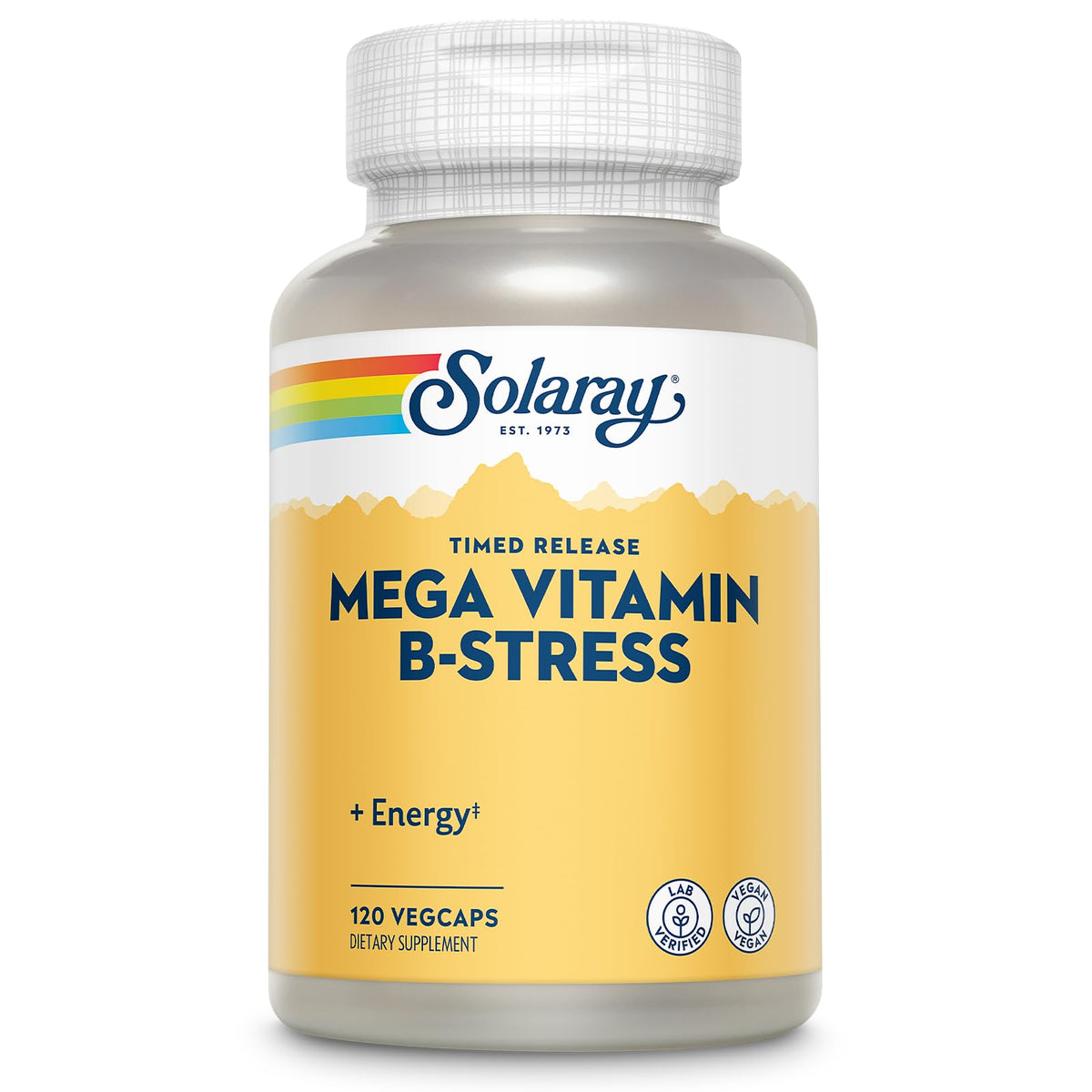 SOLARAY Mega Vitamin B-Stress: botella frontal para revisar la etiqueta y potencia energética.