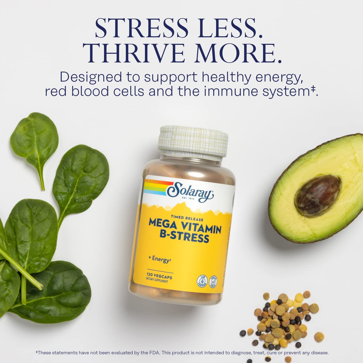 SOLARAY Mega Vitamin B-Stress: cápsulas veganas para apoyo nutricional diario.