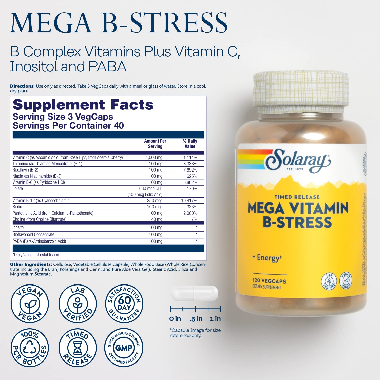 SOLARAY Mega Vitamin B-Stress: etiqueta de la botella destaca beneficios diarios.