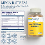 SOLARAY Mega Vitamin B-Stress: etiqueta de la botella destaca beneficios diarios.