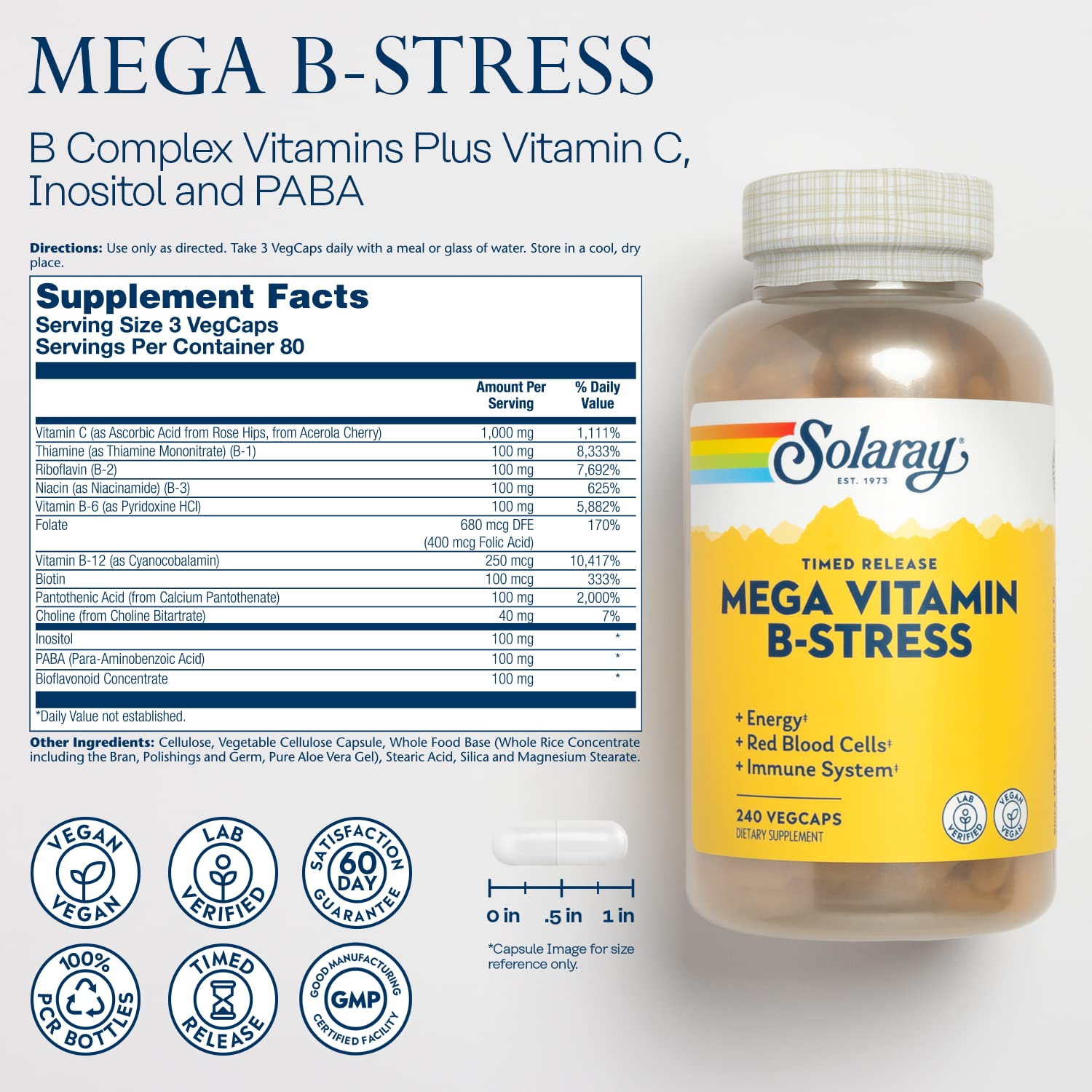 SOLARAY Mega Vitamina B-Stress: cápsulas para apoyo metabólico y sistema inmune