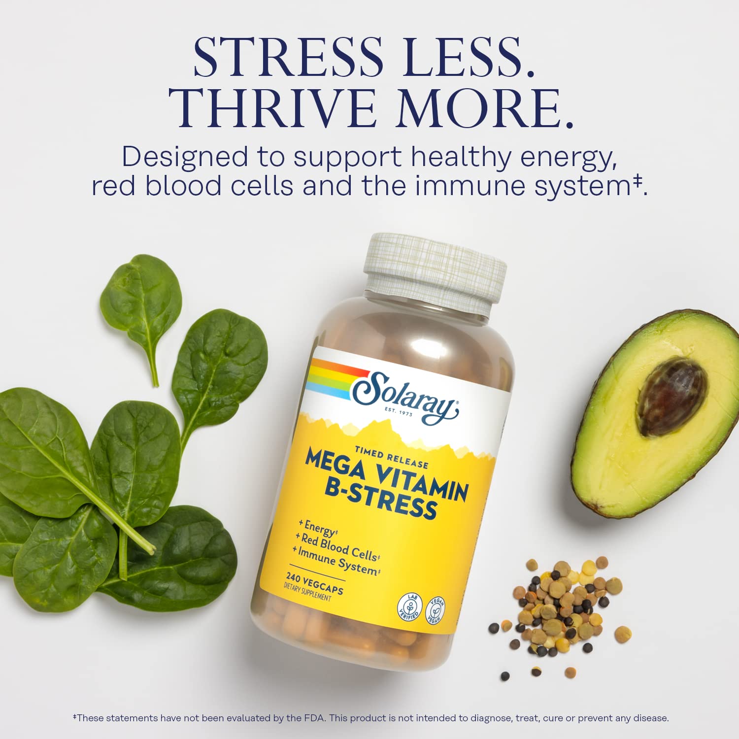SOLARAY Mega Vitamina B-Stress: etiqueta frontal destacando B y C para energía