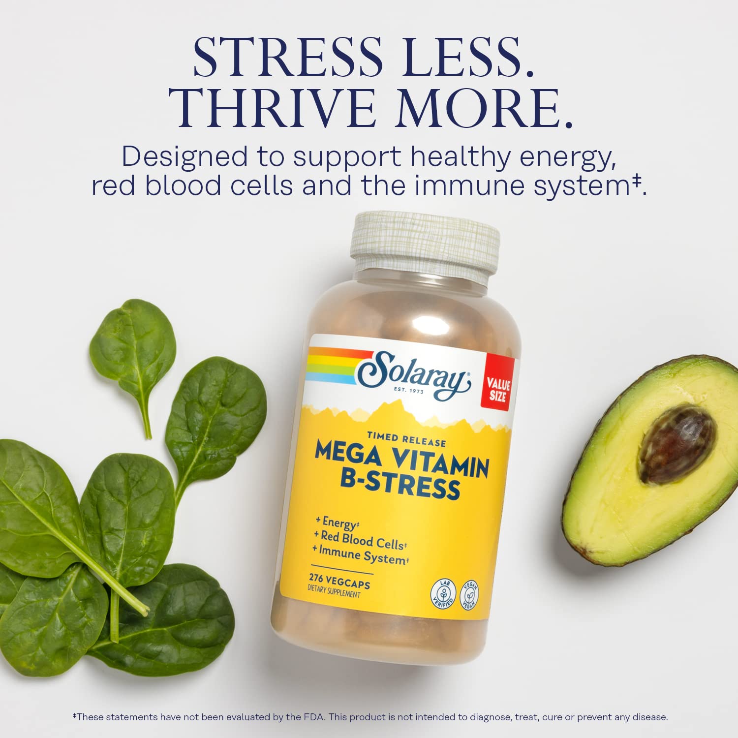 SOLARAY Mega Vitamina B-Stress, etiqueta nutricional: información clara de vitaminas.
