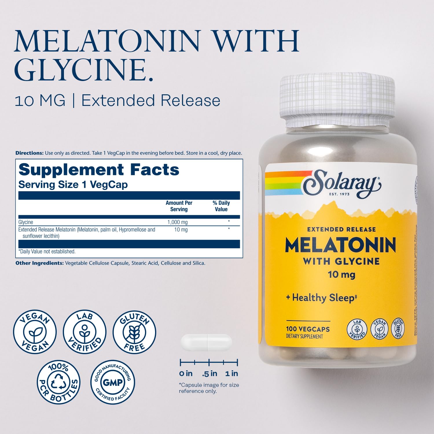 SOLARAY Melatonina 10 mg, etiqueta detallada para verificar ingredientes y pureza.