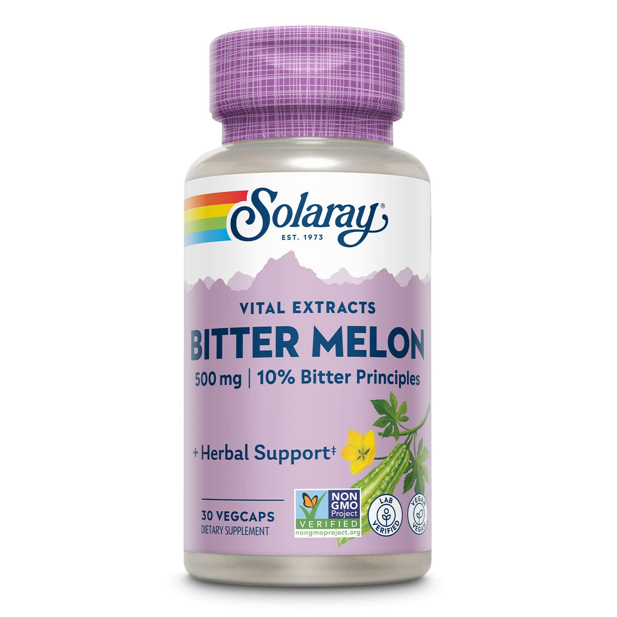 SOLARAY melón amargo: botella de extracto de fruta para apoyo al bienestar diario.