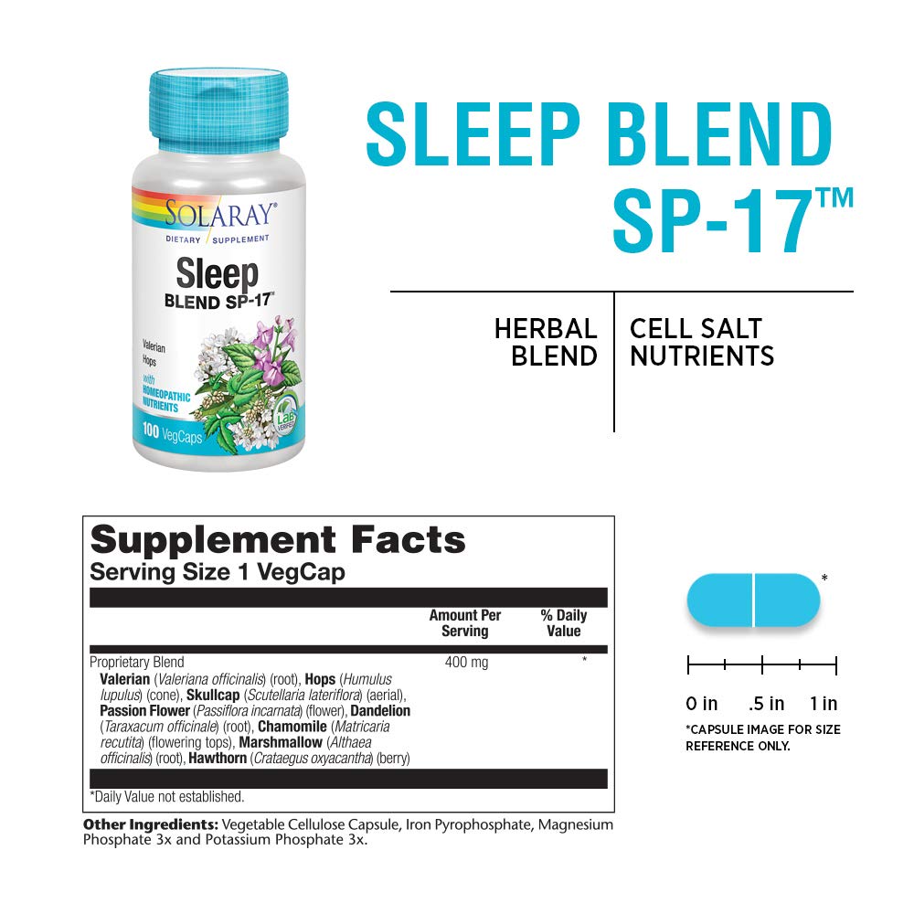 SOLARAY Mezcla para Dormir SP-17 - cápsulas fáciles de ingerir, ideales para relajación antes de dormir.