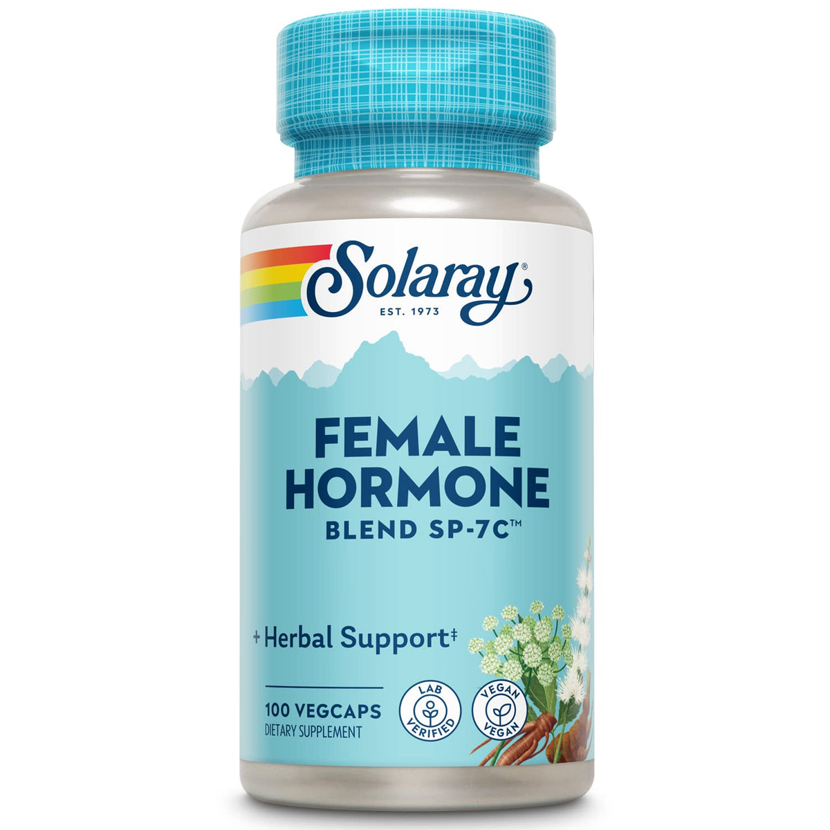 SOLARAY Mezcla hormonal femenina SP-7C: botella y cápsulas para uso diario.