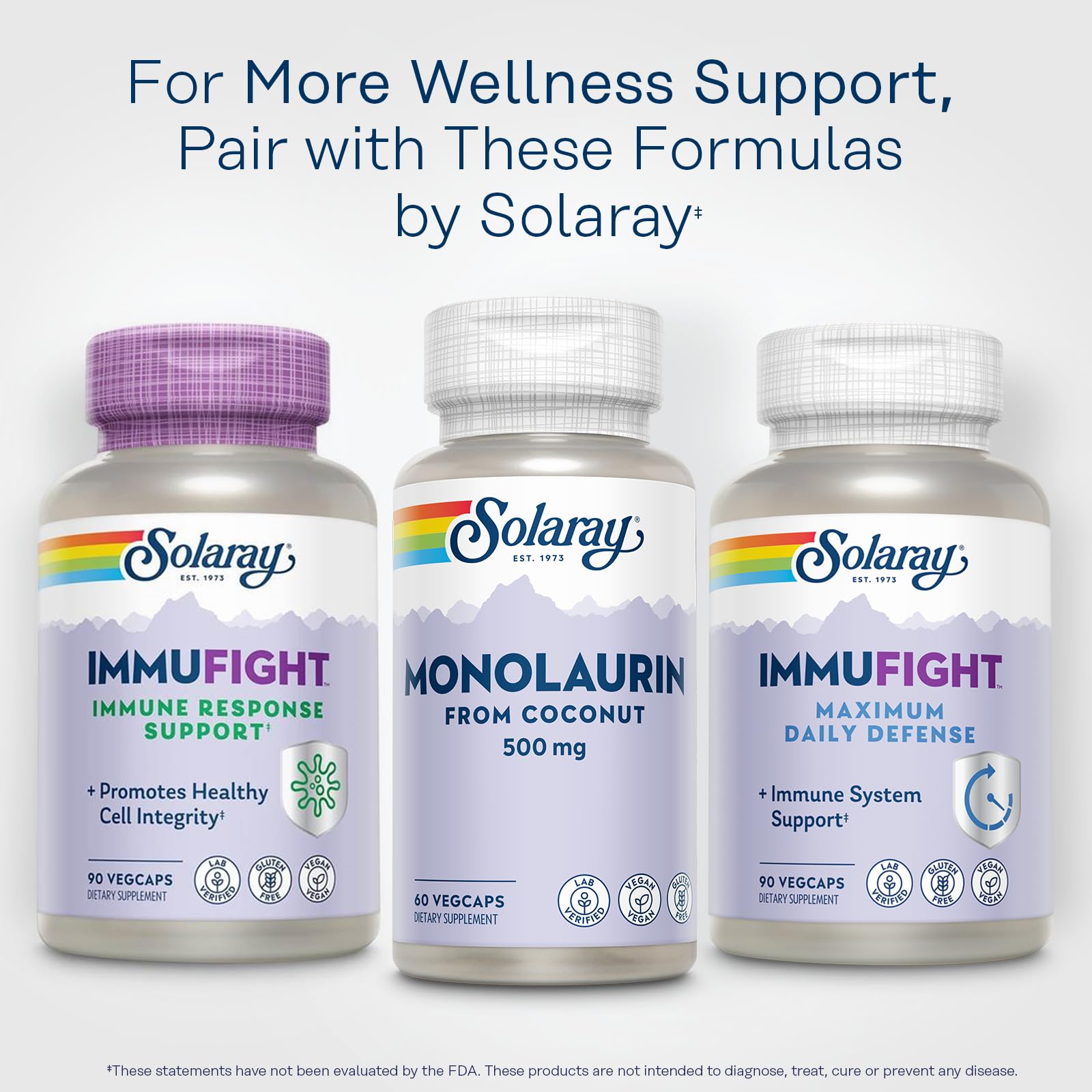 Almacenamiento de SOLARAY Monolaurin mantiene las cápsulas protegidas y frescas.