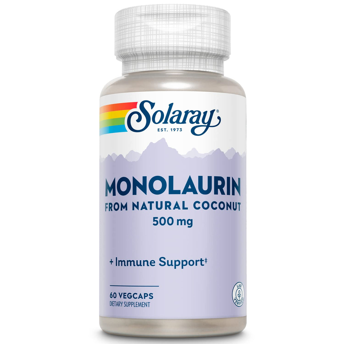 SOLARAY Monolaurin en cápsulas dentro de una botella para soporte nutritivo diario.