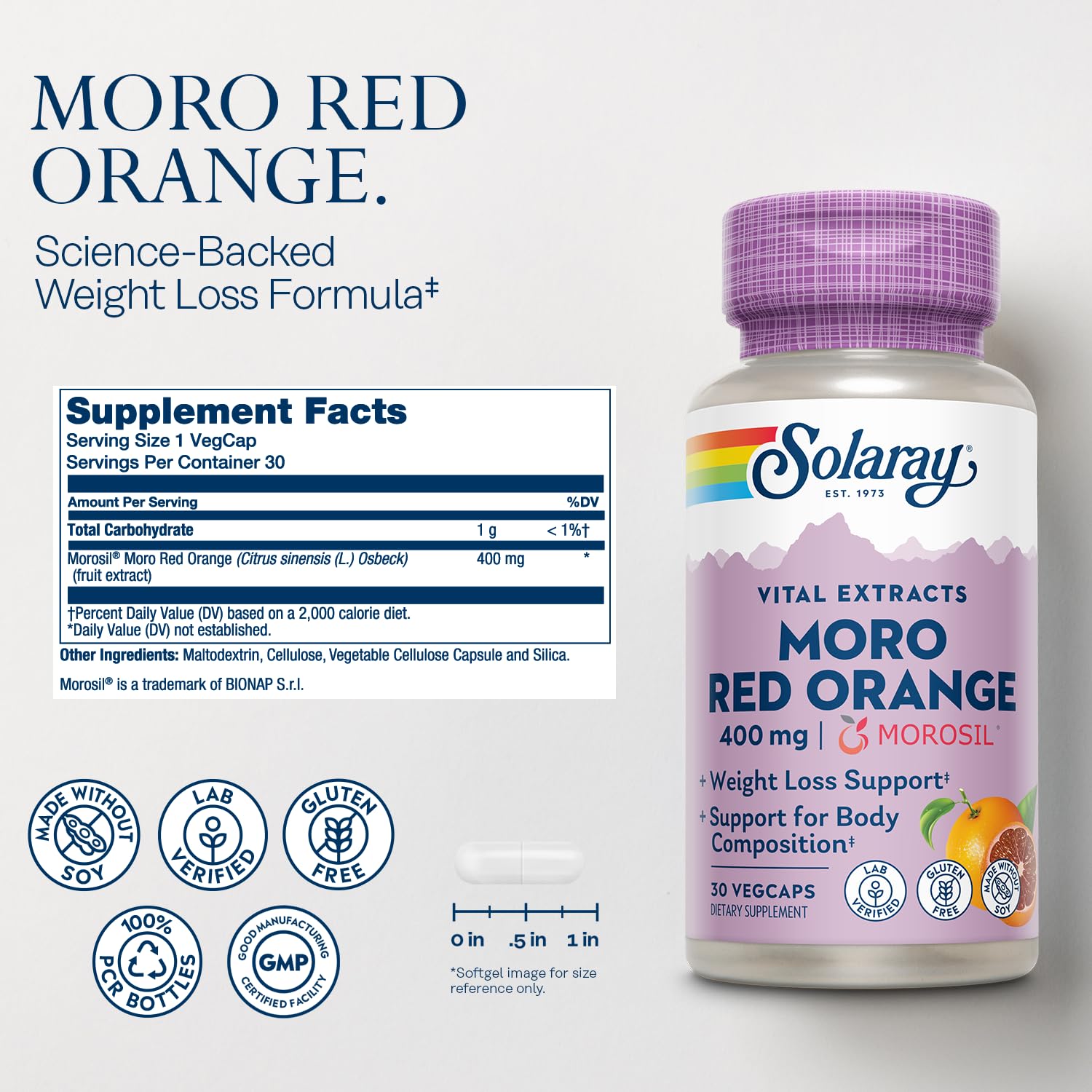 SOLARAY Morosil Moro Red Orange Capsula: dosis de 400 mg para apoyo potencial