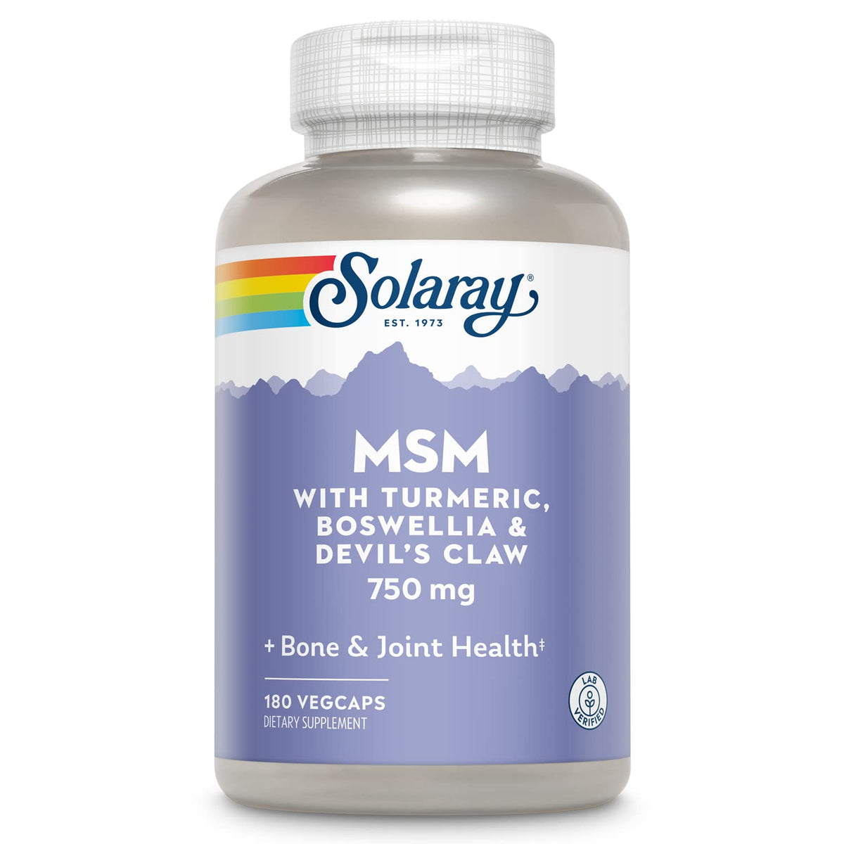 SOLARAY MSM cápsulas, botella visible, posible apoyo a articulaciones.