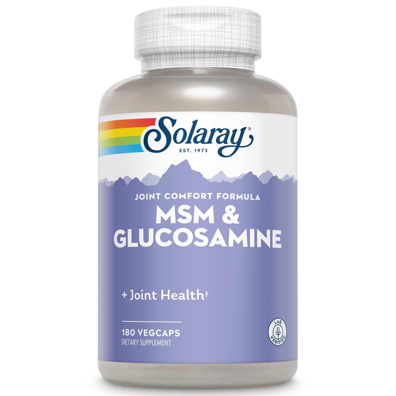 SOLARAY MSM y Glucosamina cápsulas en bote, posible apoyo a la movilidad diaria.