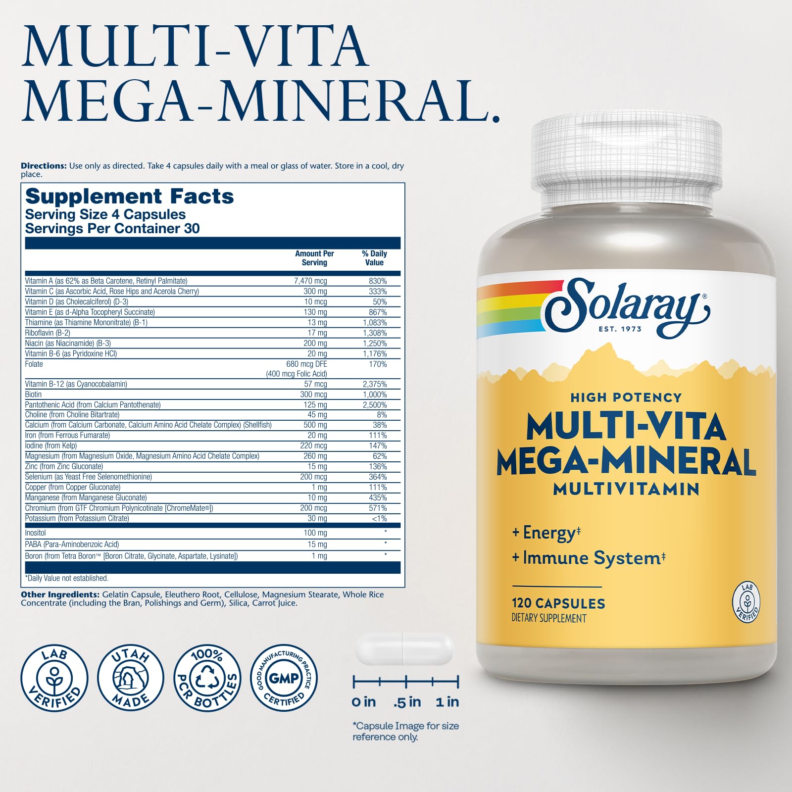 SOLARAY Multi-Vita Mega-Mineral botella frente, toma diaria conveniente.