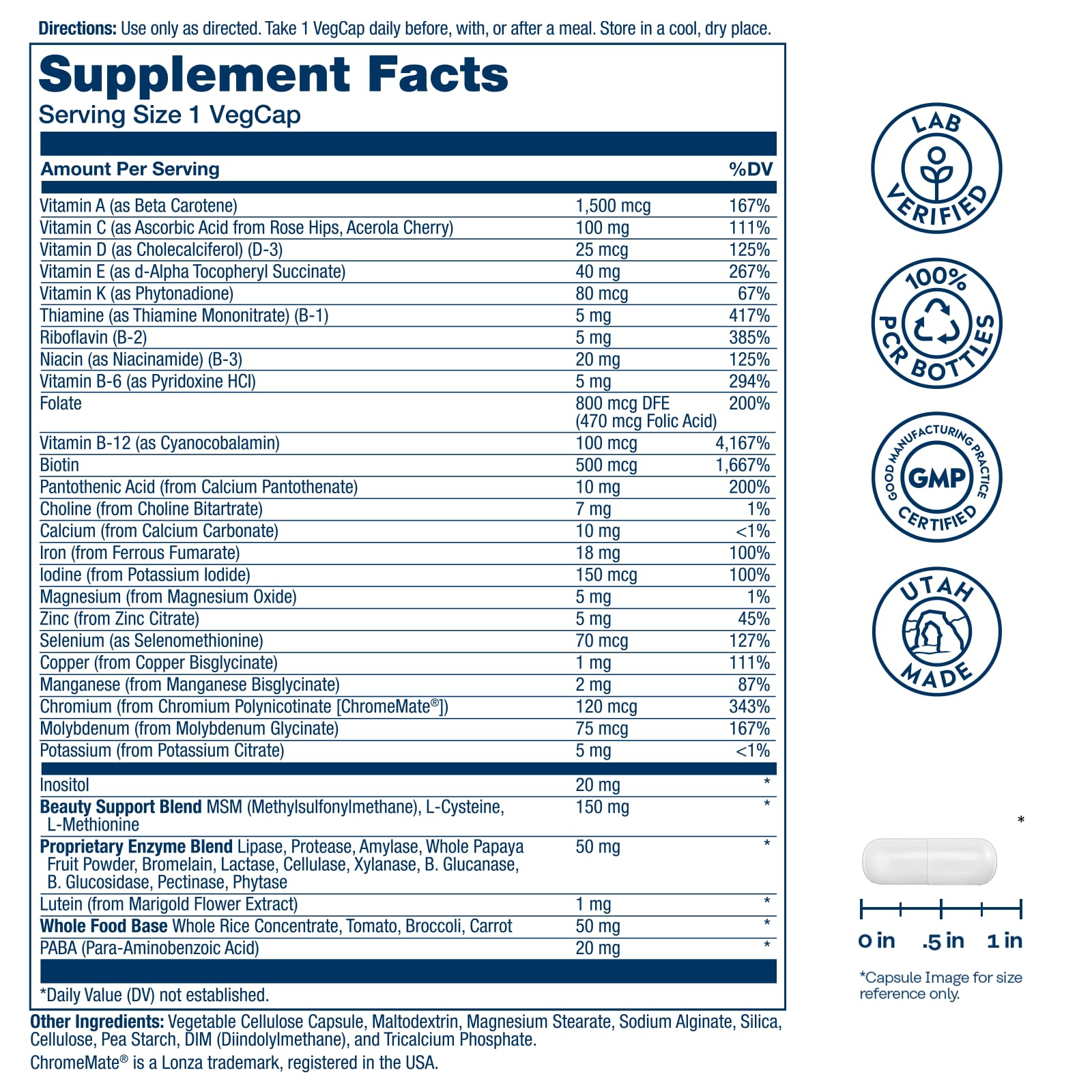 SOLARAY multivitamínico para mujer, etiqueta de ingredientes con nutrientes clave.