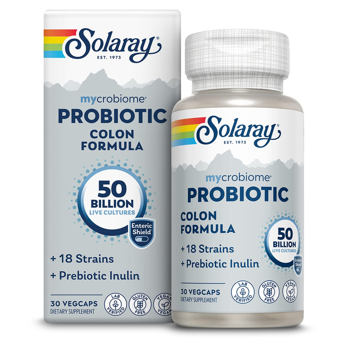 SOLARAY Mycrobiome Pro, botella digestiva: apoya la función digestiva saludable y el bienestar intestinal.