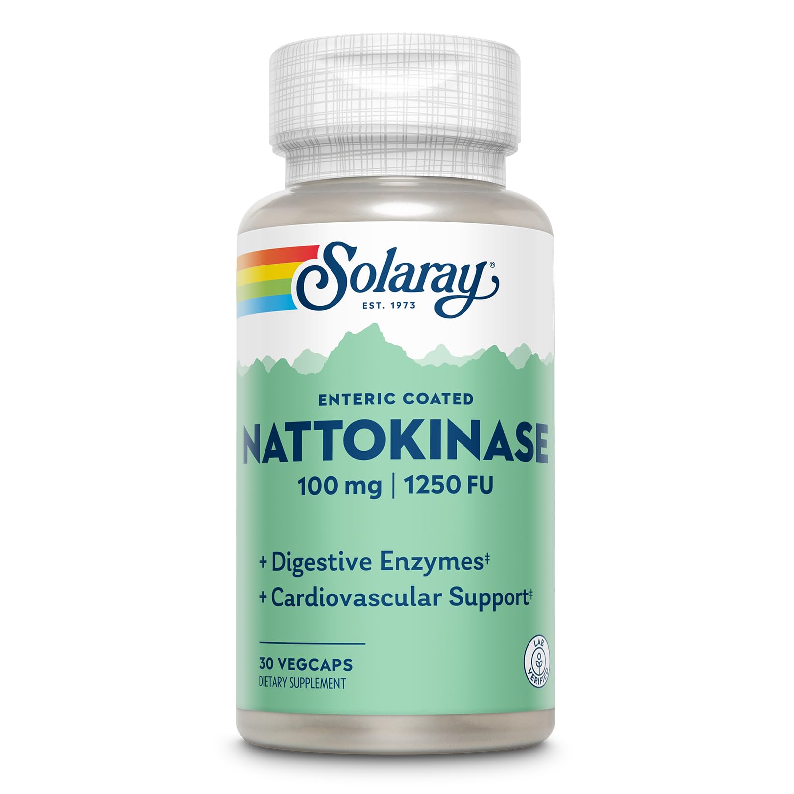 Solaray Nattokinase: botella frontal mostrando cápsulas recubiertas para posible apoyo circulatorio