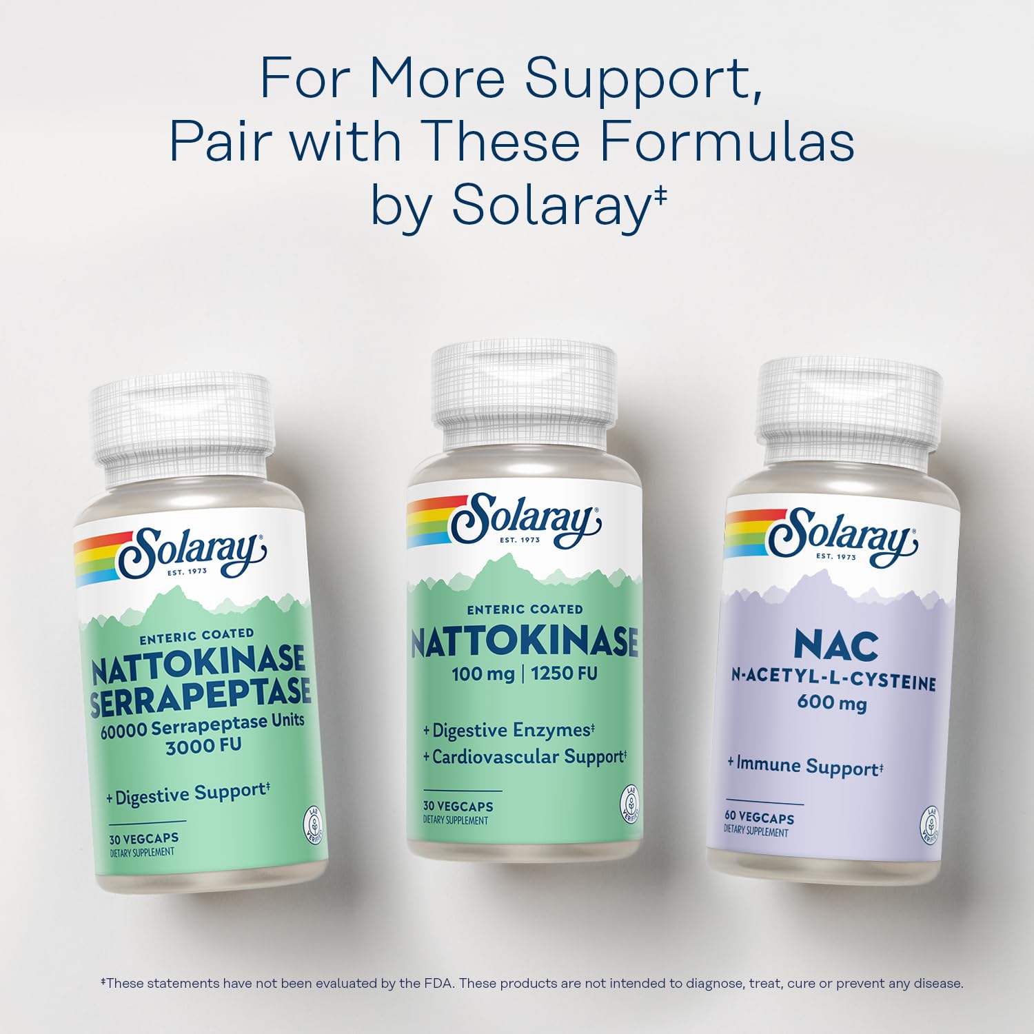 Solaray Nattokinase: envase-caja que resalta la marca y formato vegano