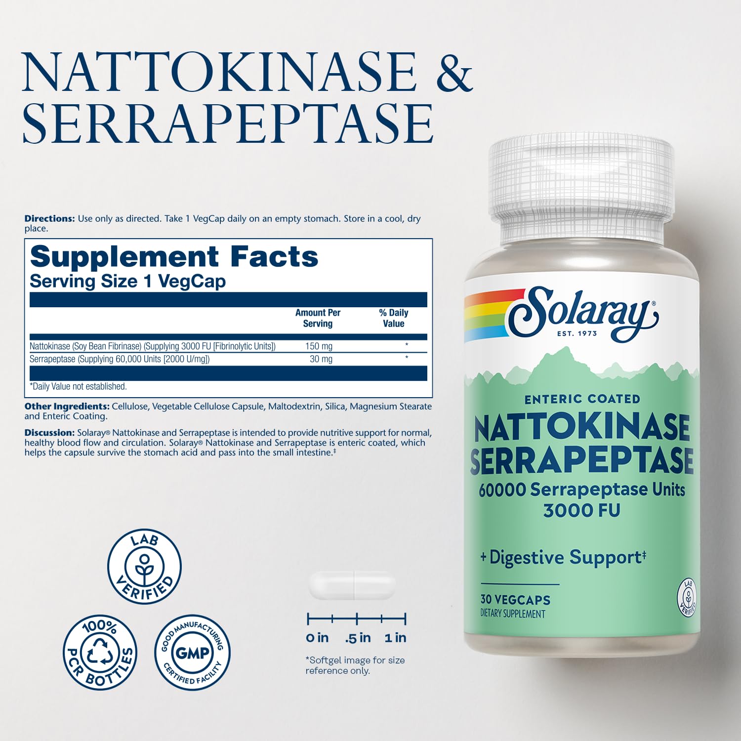 SOLARAY Nattokinase Serrapeptase: cápsulas con recubrimiento entérico para mejor absorción